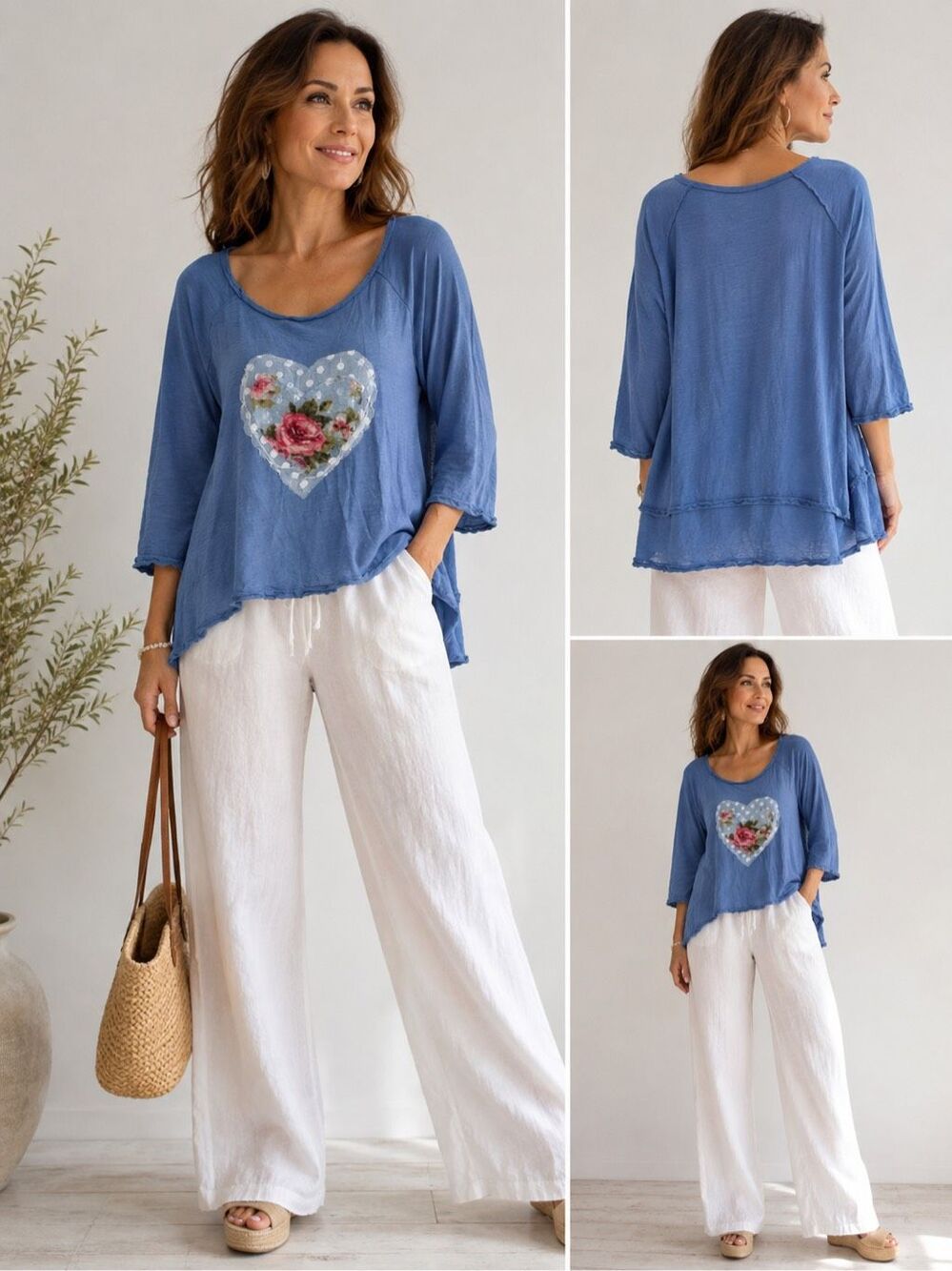 Italian Luxury Boutique Cotton Blend Blue Heart Floral Lace Tunic Sz L Romantic
